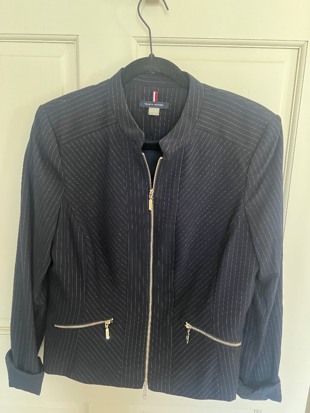 Tommy Hilfiger navy pinstripe mock collar blazer